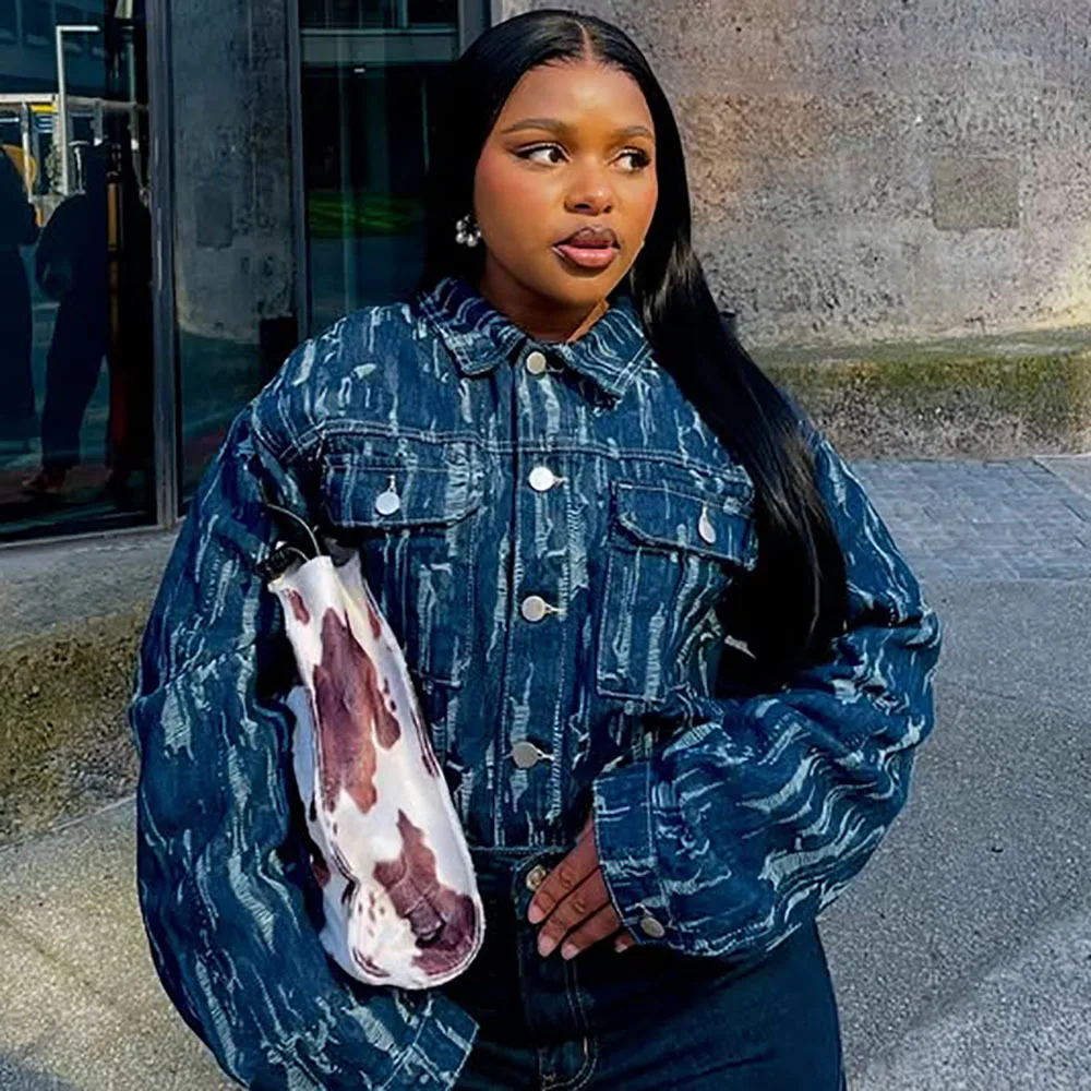 

2025 New Blue Handmade Distressed Long Sleeve Denim Jacket Women Street Casual Temperament Fashion Coat Top