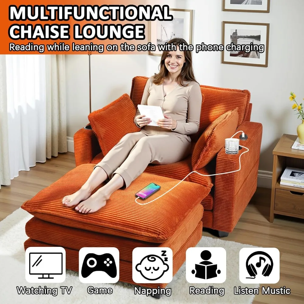 Oversized Chaise Lounge Chair Indoor with Ottoman, Corduroy Sofa Chair with Storage Deep Seat Sofa, Chairs, Customized
