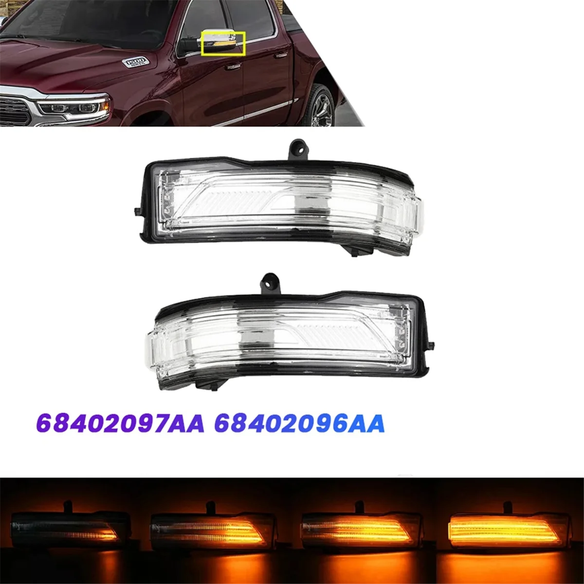 1Pair LED Rearview Mirror Turn Signals 68402097AA 68402096AA for Dodge Ram 1500 19-22 Wing Mirror Side Indicator