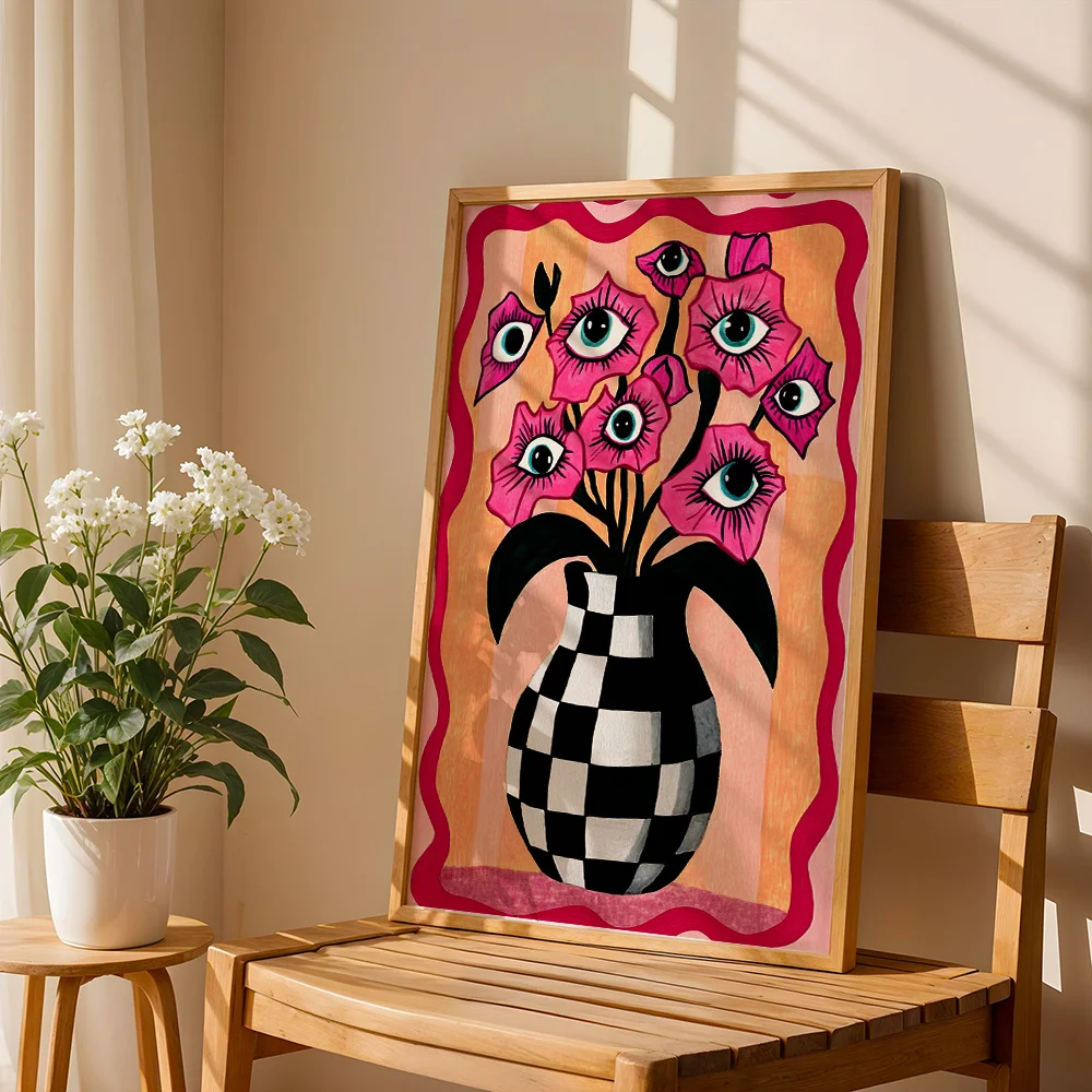 1pc Surreal Pop Art Canvas Painting, Pink Eye Flower Checkerboard Vase Weirdcore Aesthetic Wall Decor for Bedroom Dorm Unframed