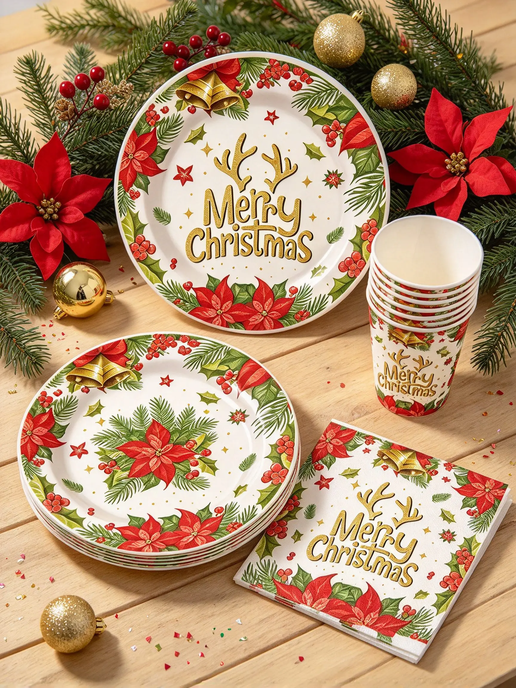 10/40/50/60/80Pcs Christmas Paper Tableware Set, Poinsettia Golden Bell Antler Print Plates Cups Napkins, Xmas Party Table Decor