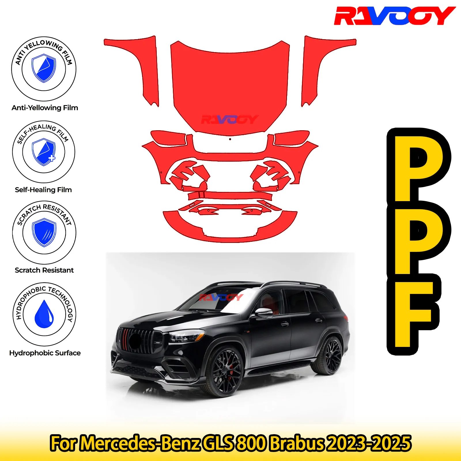 

For Mercedes-Benz GLS 800 Brabus 2023-2025 Glossy Matte Black Precut front PPF Kit Paint Protection Film