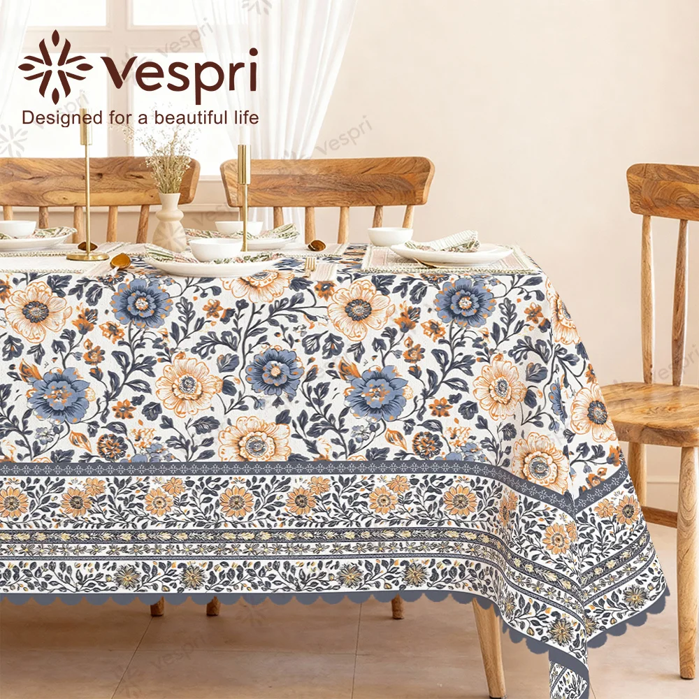 Spring tablecloth, white and blue decorations, green leaves, checks and flowers, European style