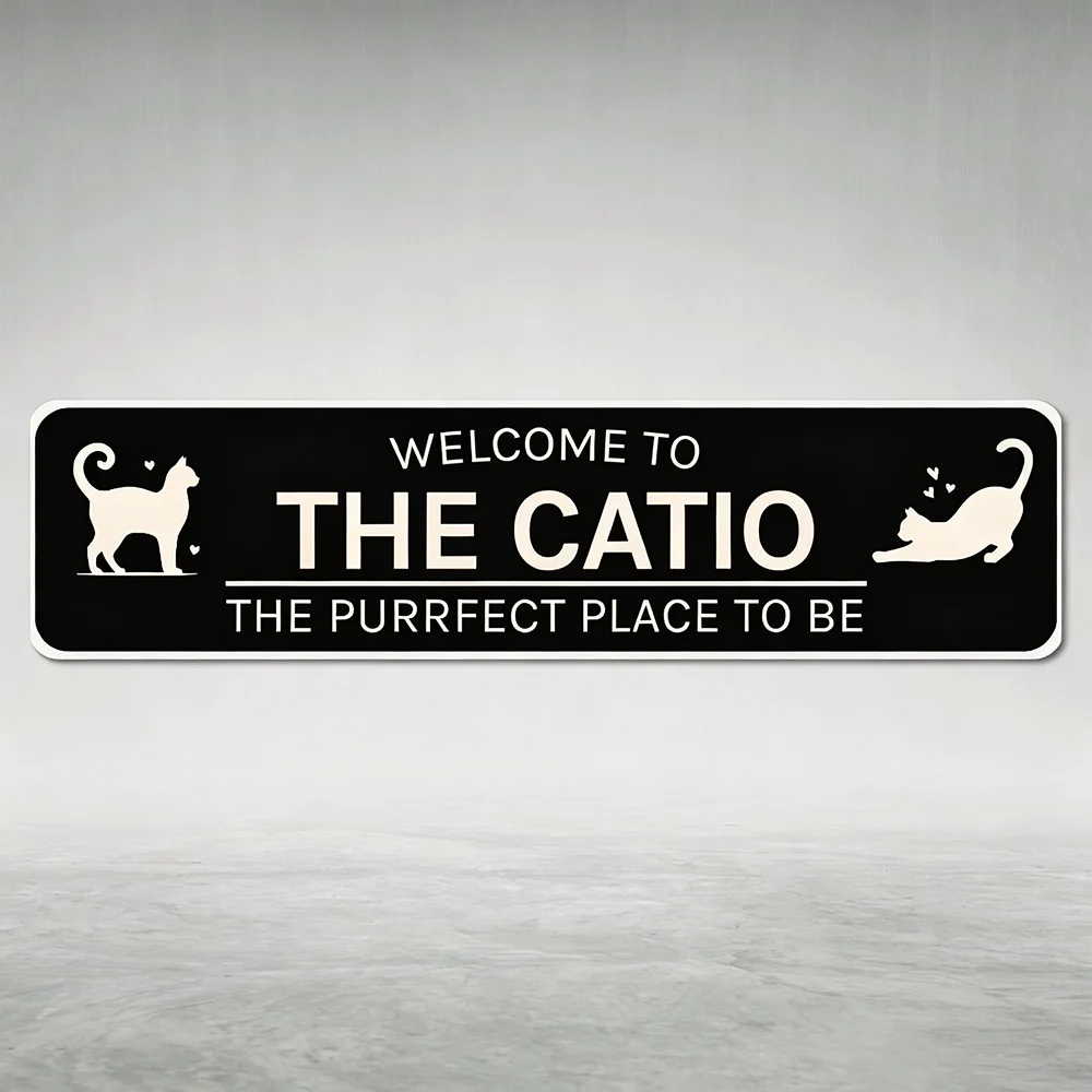 CIFbuy Personalized Text Long Metal Sign, Cream Cat Silhouette Catio Wall Ornament (Only For Decoration)