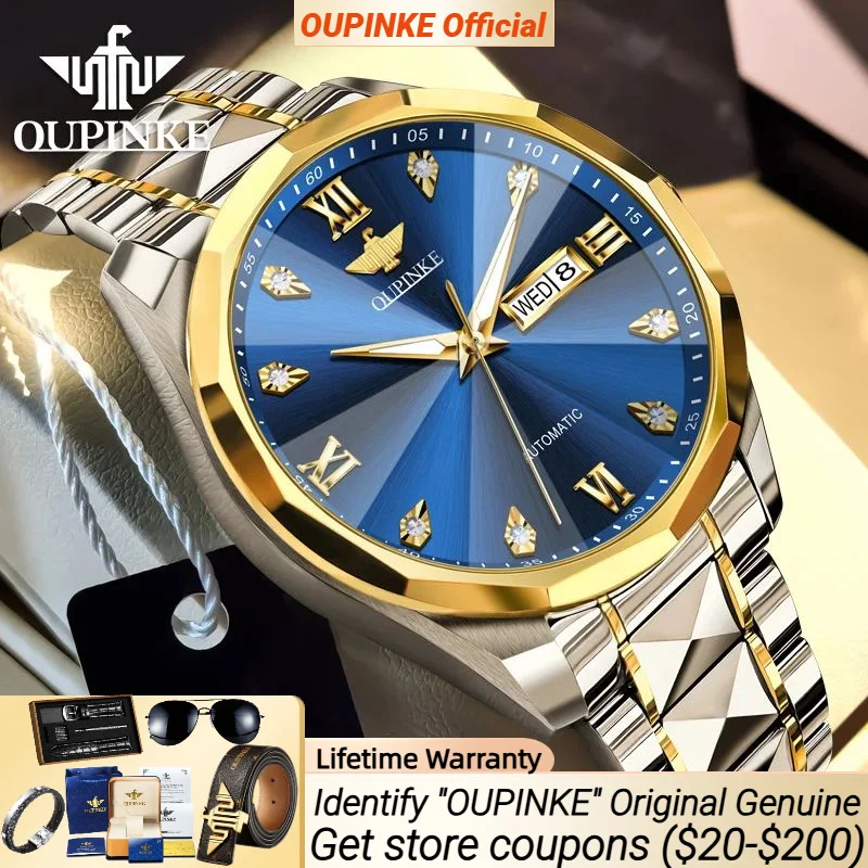 

OUPINKE 3313 Dual Calendar Display Automatic Men's Watch Waterproof Luminous High-quality Mechanical Watch for Men