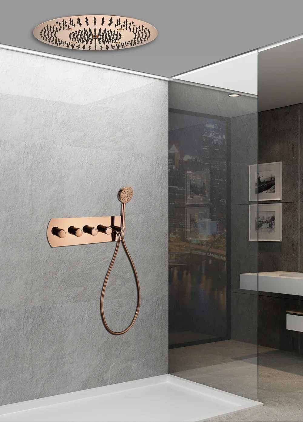 Rose Gold 600mm Round Canopy Concealed Shower System, Thermostatic Switch, Rainfall Function, Made of Solid Copper led light