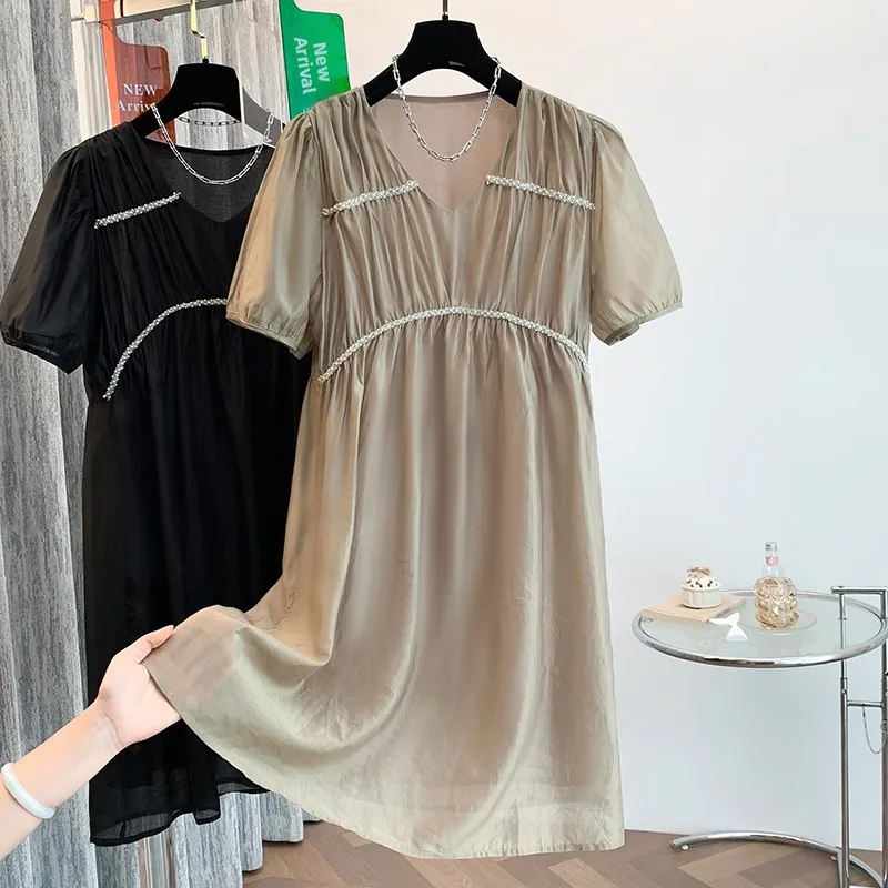 Ele v-ne dr feminino verão novo solto plus size saia evasê emagrecimento fibra de poliéster ort sve casual dr