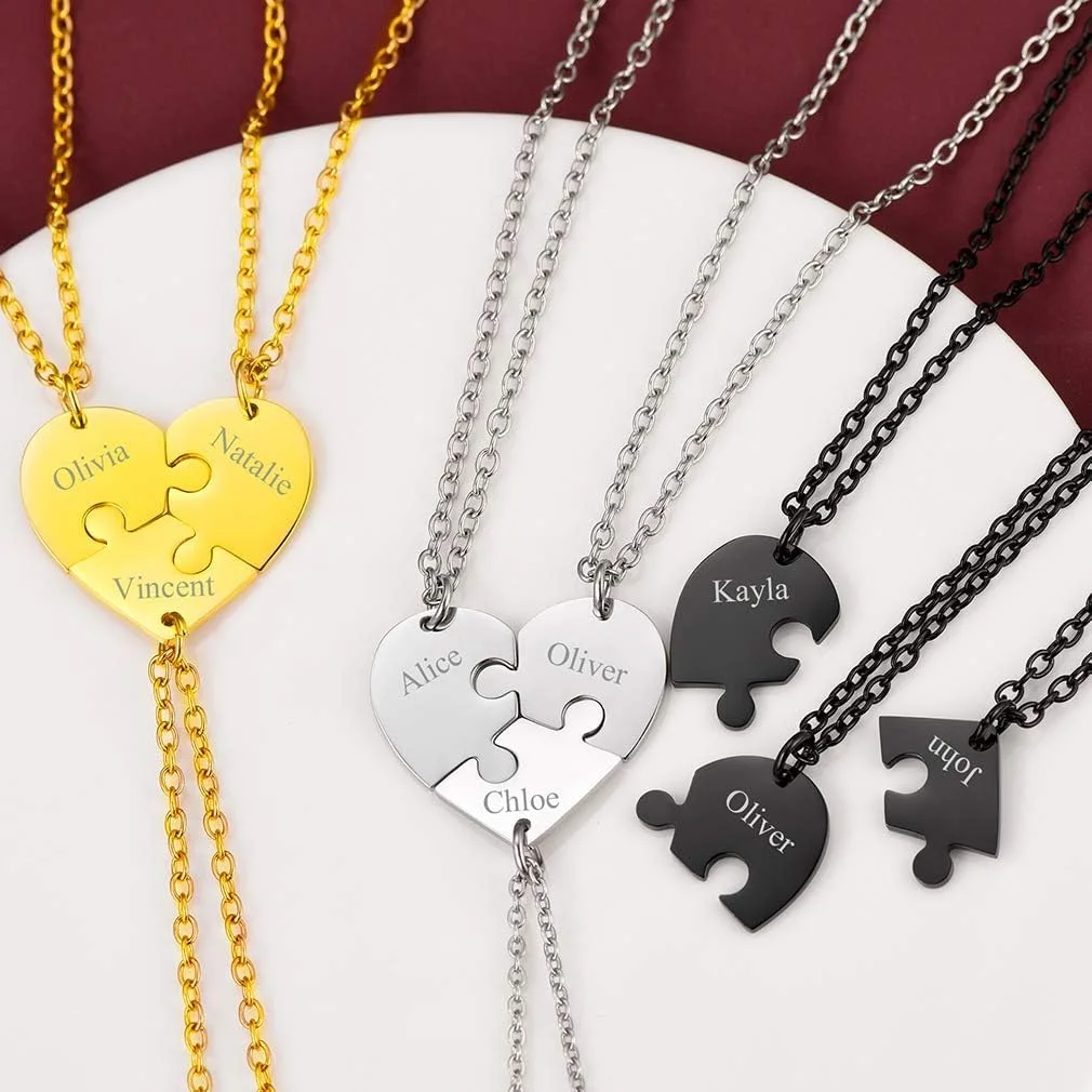 Amaxer Personalized Matching BFF Necklace for 2/3/4/5/6 Puzzle Engrave Name Heart Pendant Forever Friendship Gifts for Teen Girl