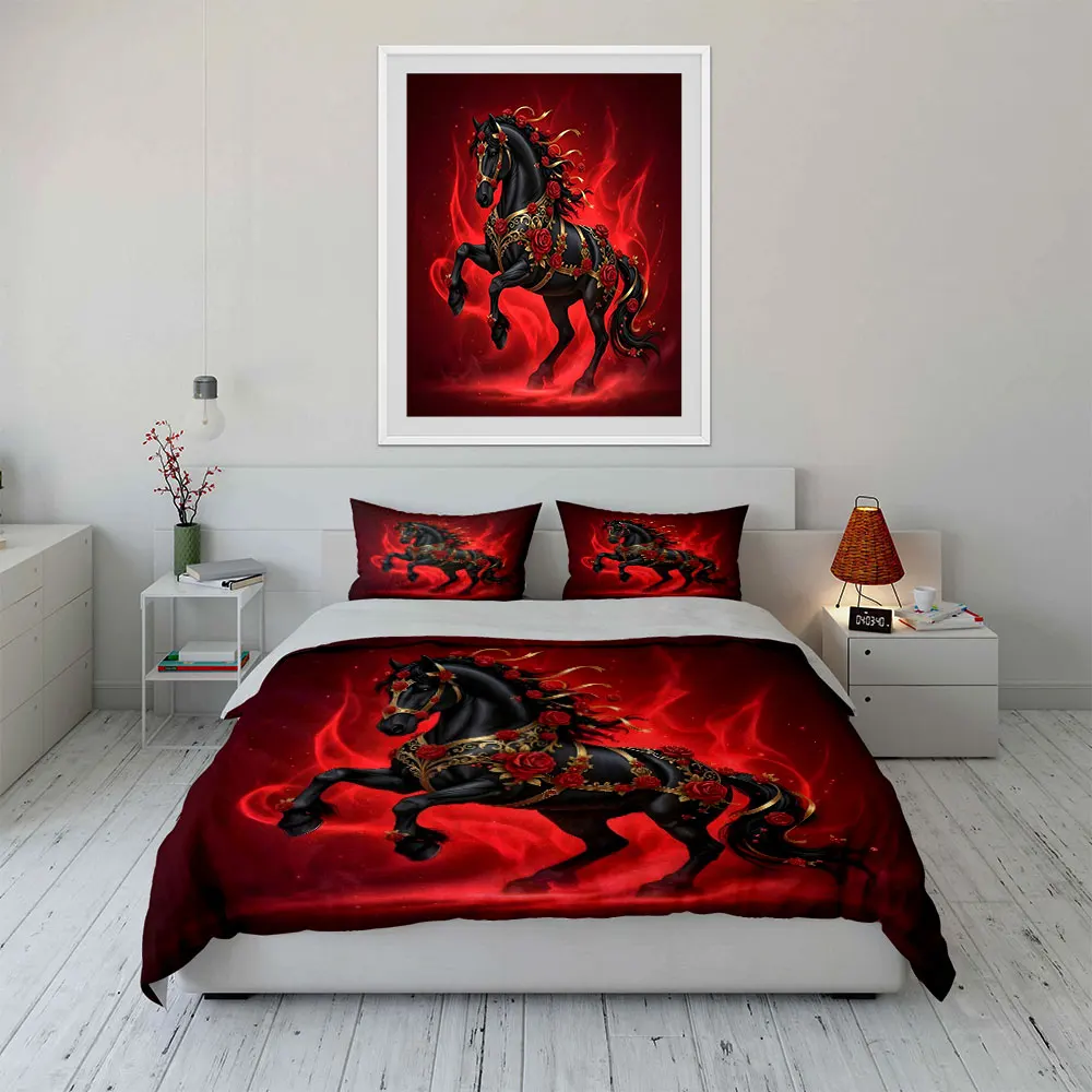 Black horse with red roses and gold decor Print Soft Comfortable Duvet Cover Bedding Set Included 1*Duvet Cover  2*Pillowcases