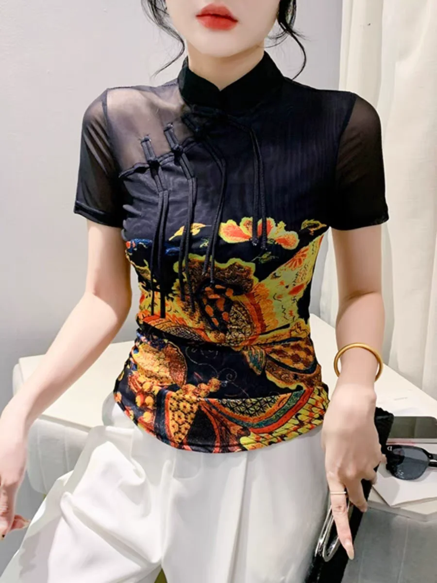 Summer Short Sleeve Mesh T Shirts Lady Elegant Elastic Printed Tops Tees Female Fashion Tassel Mandarin Collar Folds T-Shirt