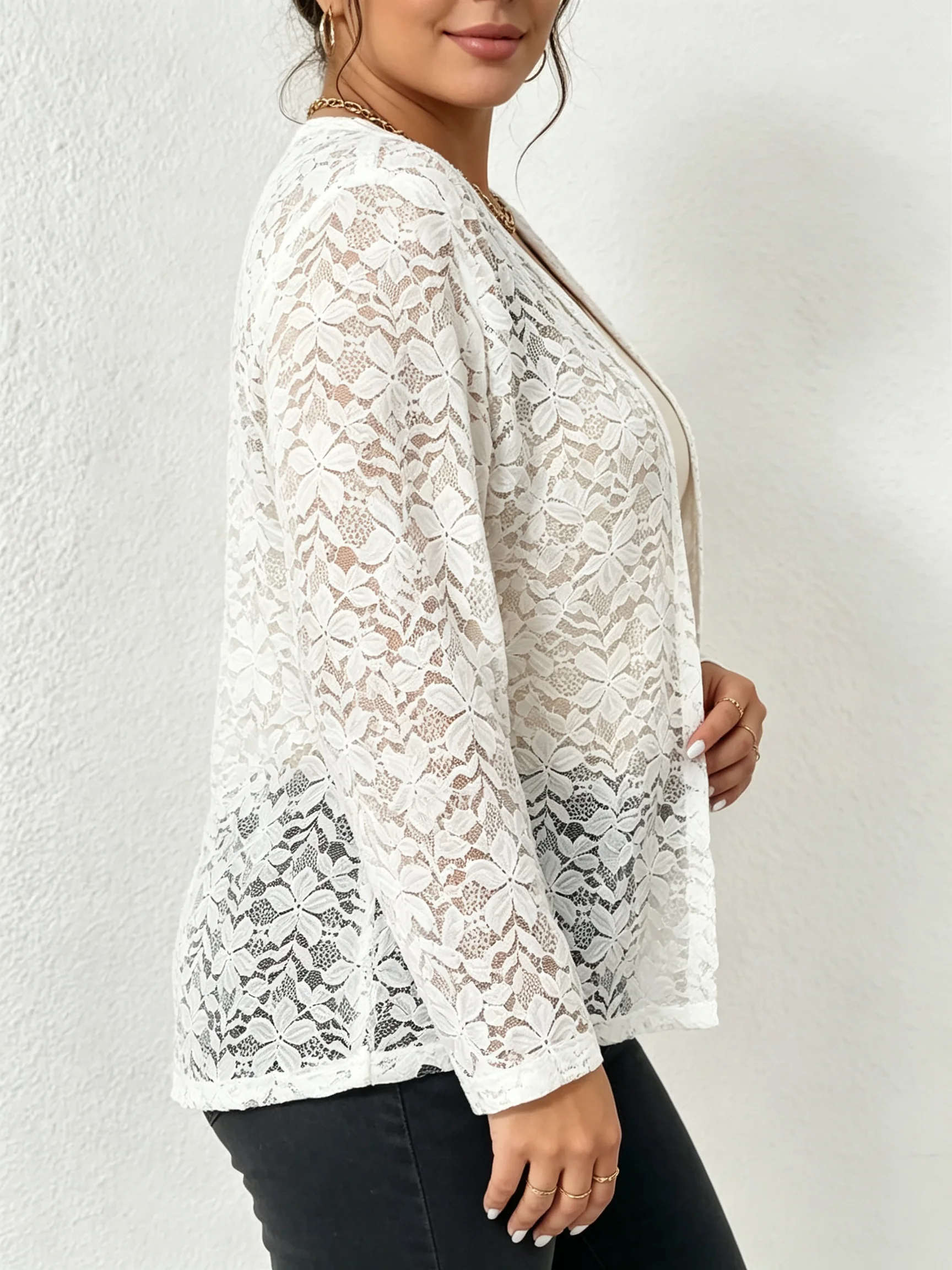 Plus Size Women Floral Lace Open Front Cardigan,Long Sleeve Sheer Hollow Out Lightweight Cover Up,Spring Summer Elegant White Ca