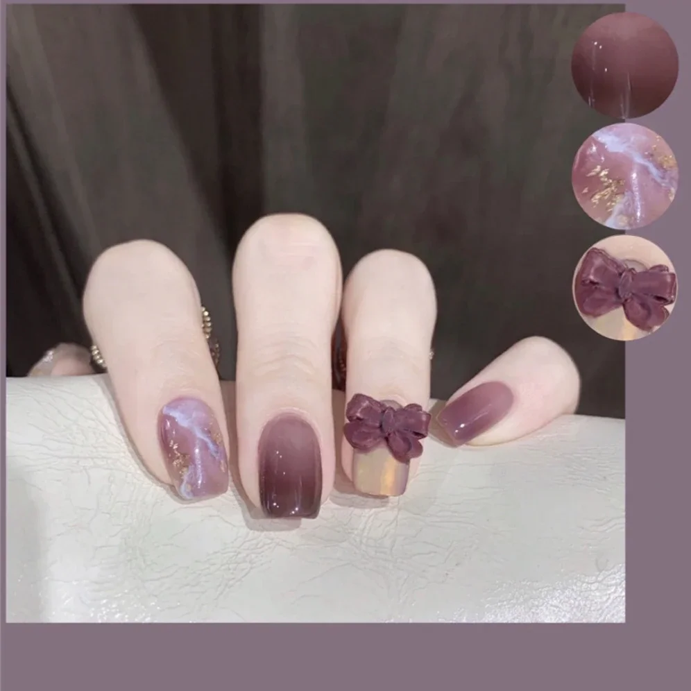 

24P Nail Art Fake Nails Ballerina Press-On Nails Full Cover Short Coffin False Nail Pink Round Removable Aurora Purple Gradient