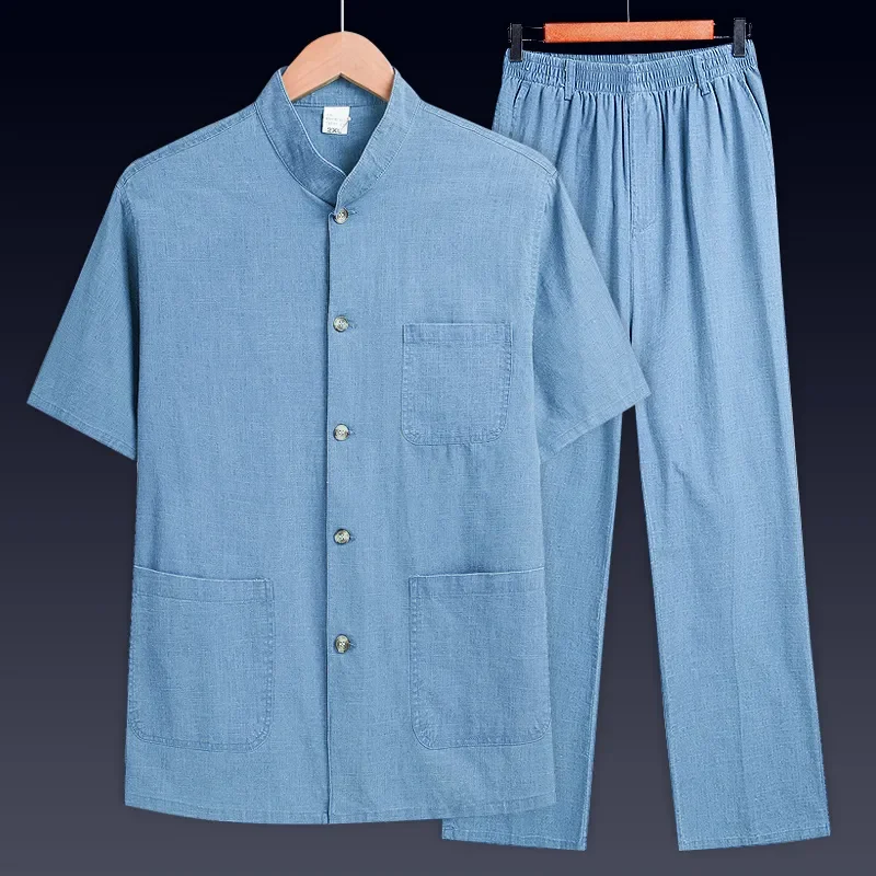

Men Chinese Style Linen 2 Piece Set Short Sleeve Shirt And Pants For Elderly Summer