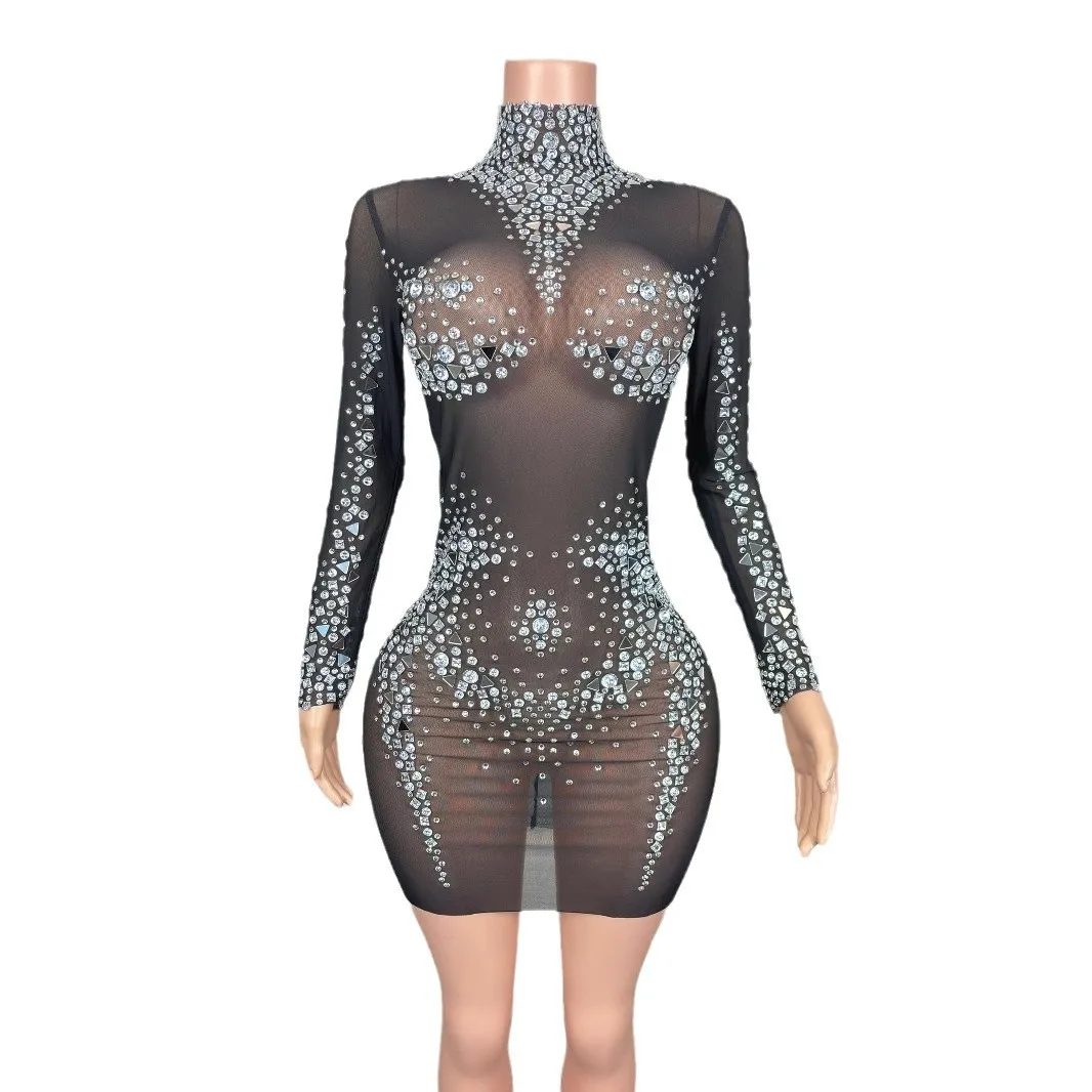 코스튬 나이트클럽 바 풀 다이아몬드 메쉬 긴팔 짧은 스커트 여성 가수 모델 걸 그룹 웨딩 파티 드레스