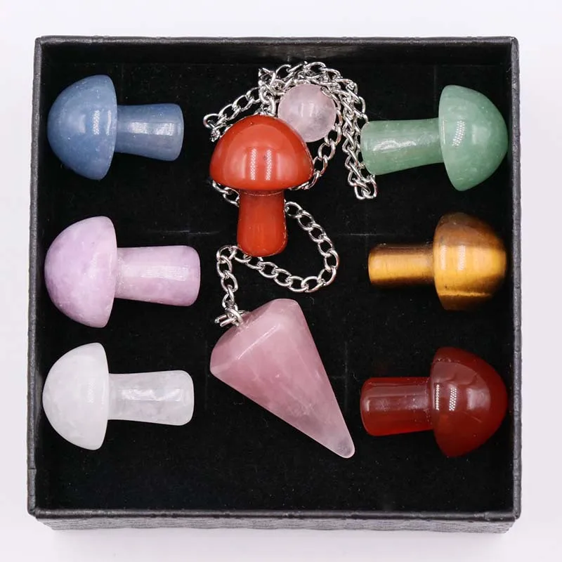 Healing Reiki 7chakala Mushroom Natural Crystal Yoga Colorful Pink Crystal Agate Original Stone Pendulum Set Decoration Gift