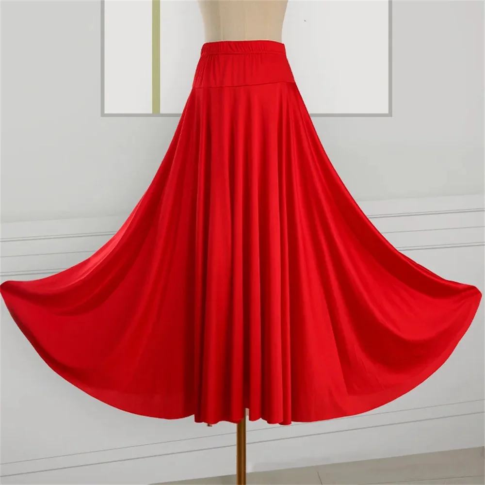 Womens Spanish Flamenco Swing Skirt Solid Ballroom Dance Long Skirts High Waist Elastic Waistband Ruffle Performance Costume