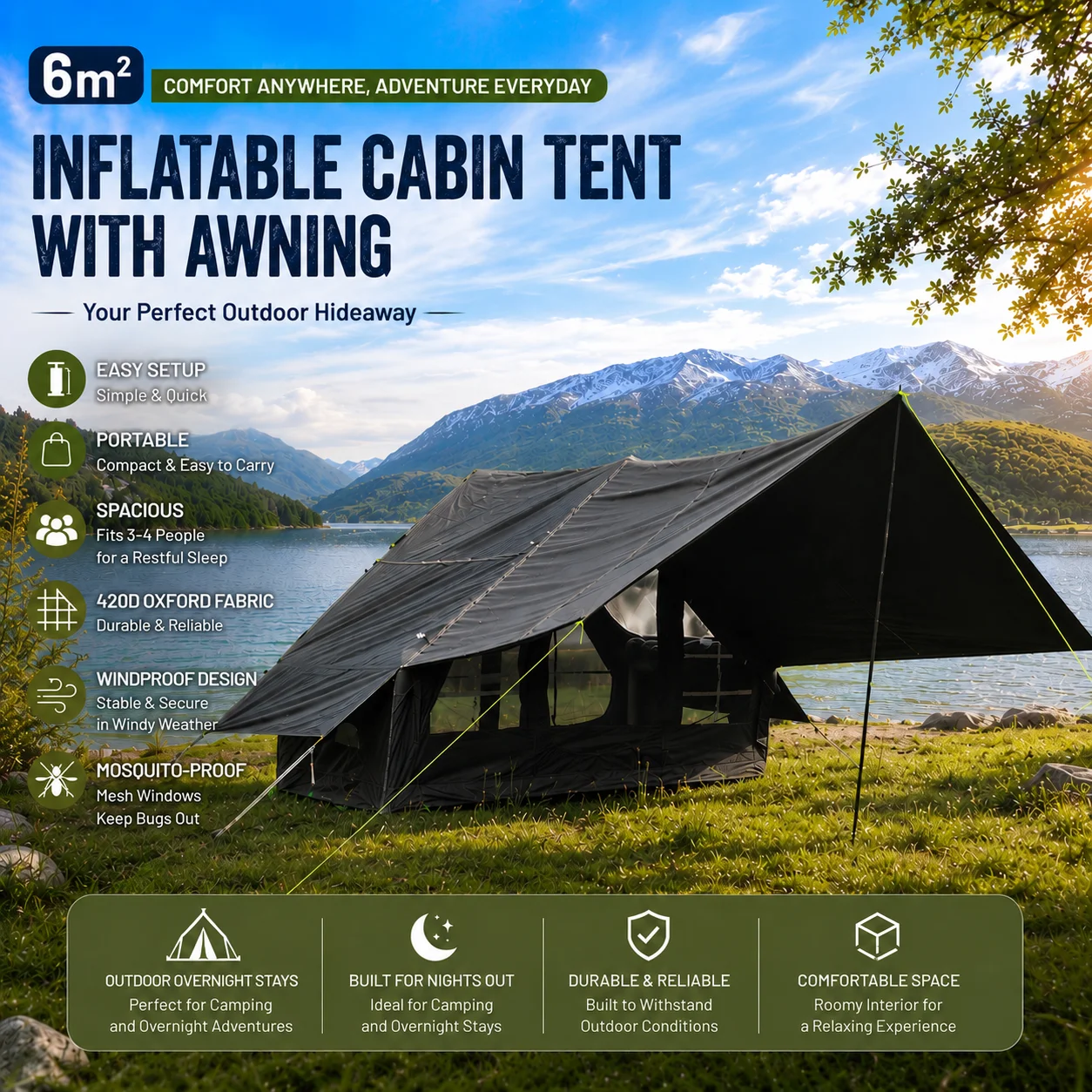6m² Inflatable Camping Tent for 3-4 People, 420D Oxford Family Tent with Awning, Mosquito Net & Windproof Design