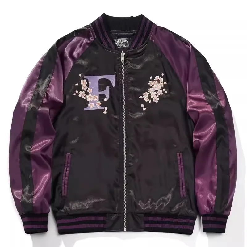 Plus Size Vintage Loose Men Boys Purple Black Sakura Embroidered Sukajan Souvenir Jacket High Street Coats Streetwear