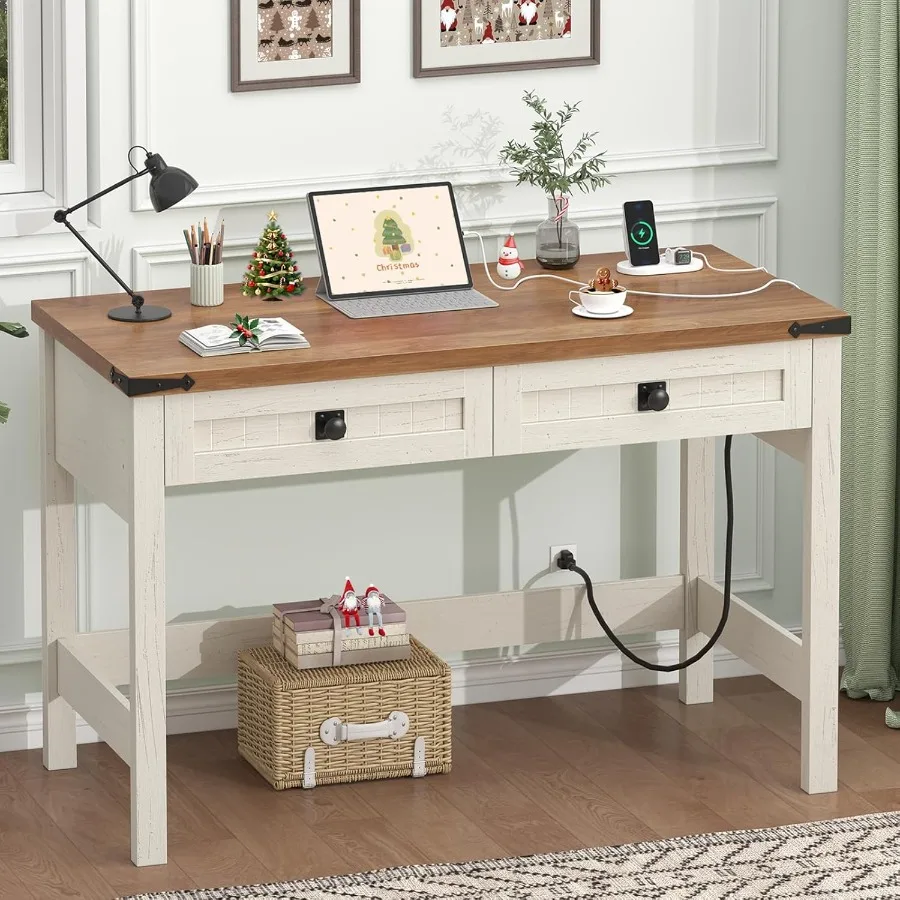 Farmhouse Computer Desk with 2 Drawers 39 Inch Small Office Computer Desk with Power Outlets Compact Writing Study Desk for Sma