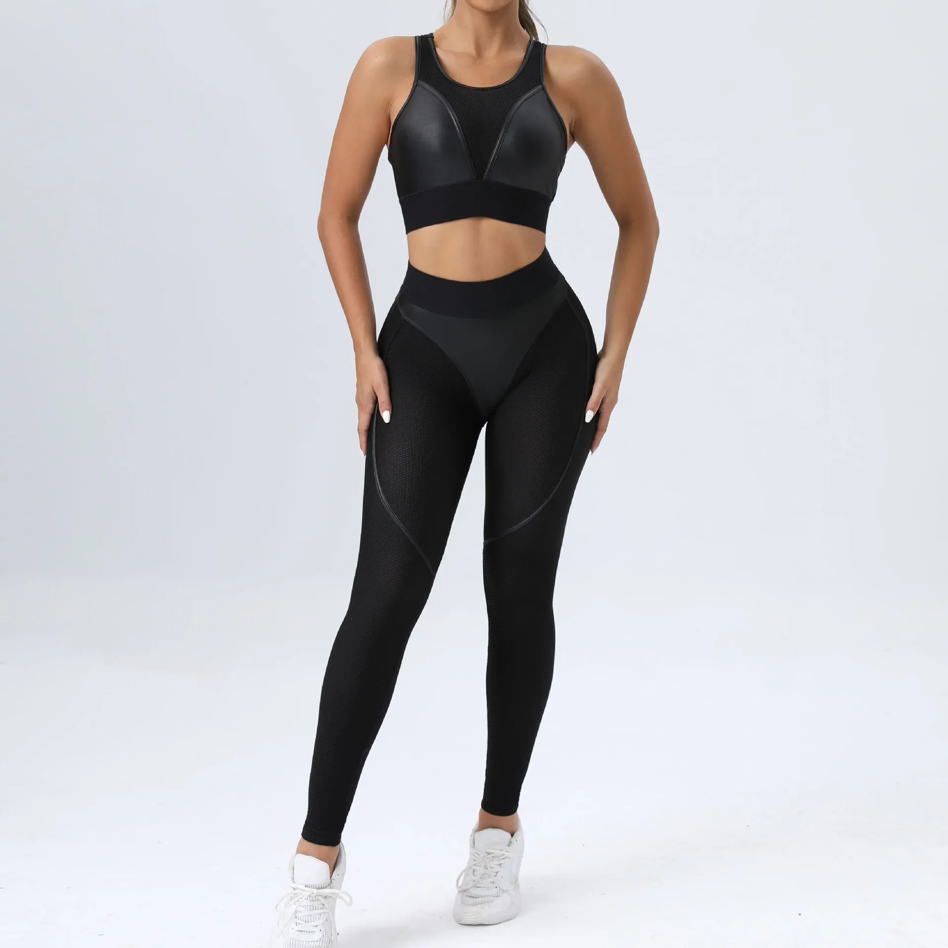 

Honeycomb Patchwork Gym Workout Set Women Sportswear 2 Piece Clothing Yoga Suit for Fitness Activewear Female Sport Outfit Black