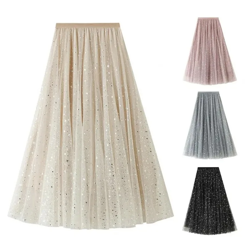 Women Starry Sky Mesh Tutu Skirts Sequin Glitter Layered Tulle A-Line Chic Elegant Puffy Mid Length SkirtStreetwear