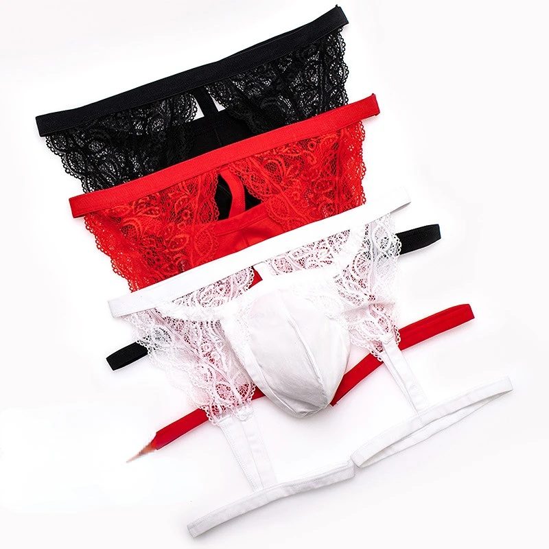 Men's Hip Lift U Penis bag Double Thong Medium rise Personality Lace Smooth Sexy Solid Color Thong cross dresser gay underwear