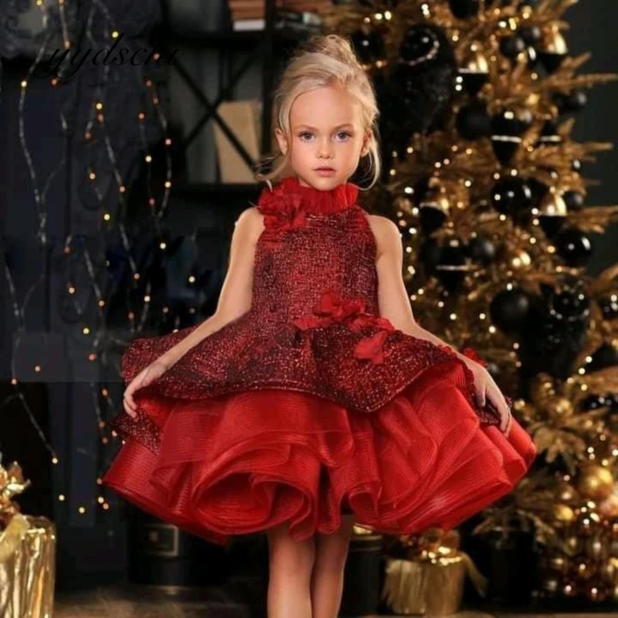 

Red Applique High Neck Flower Girl Dresses Wedding Kintted Lace First Communion Short Dress for Kids Party 2023 Bow Ball Gown