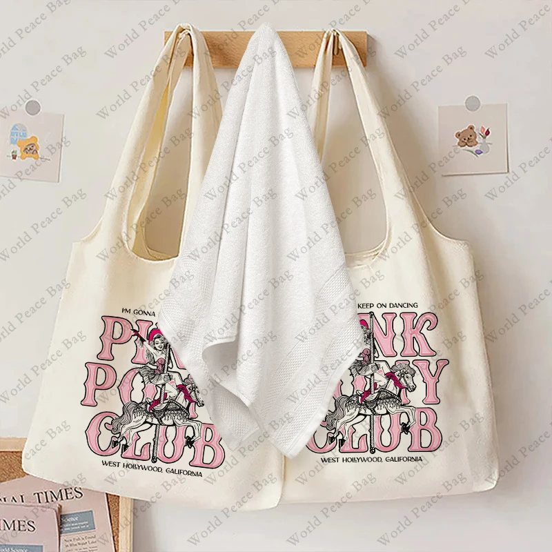 1 pc Chappell Roan Pink Club pattern Tote Bag Literature Shoulder Bag Illustration Girl Book Bag Travel Harajuku Canvas Handbag