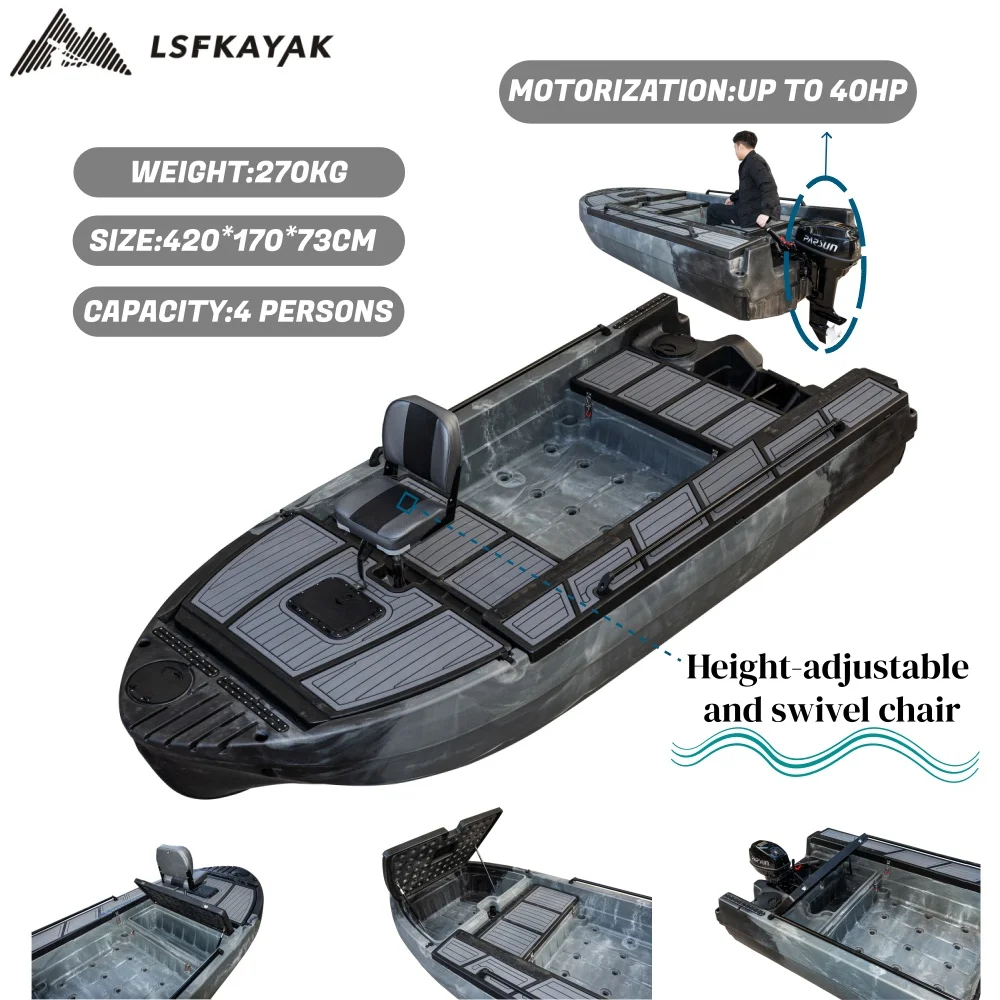 2026 New Design 4.2M Premium Fishing Bass Kayak Sit-On-Top 4 Person HDPE Luxury Racing For Wholesale Leisure Surfing
