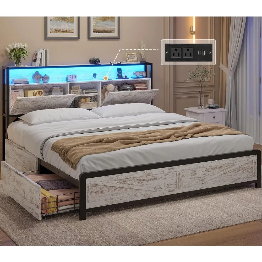 Full Bed Frame w RGB LED Lights & Hidden Storage Headboard, Full Metal Platform Bed with Type-C Charging Station and 4 Drawers