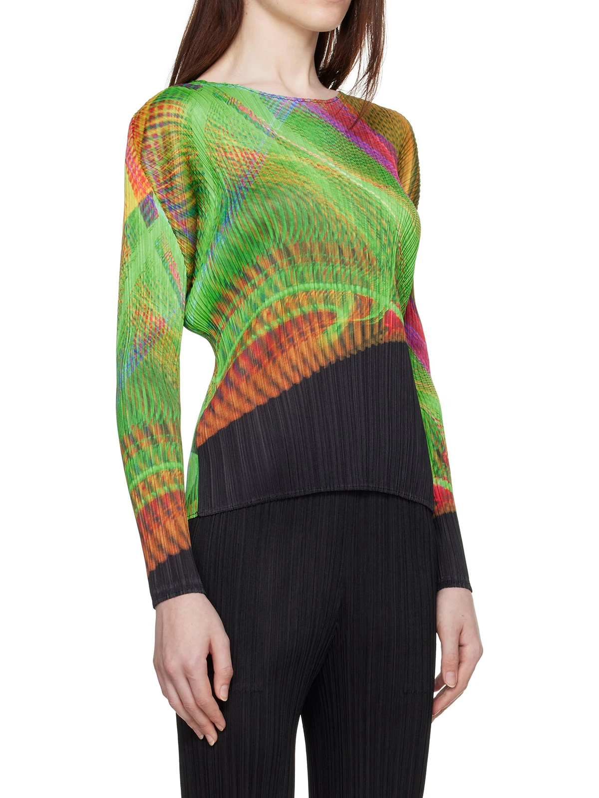 مياكي مطوي بأكمام طويلة متعدد الألوان الطيف الأعلى المرأة الجرافيك المطبوعة الملابس مطوي التريكو تي شيرت