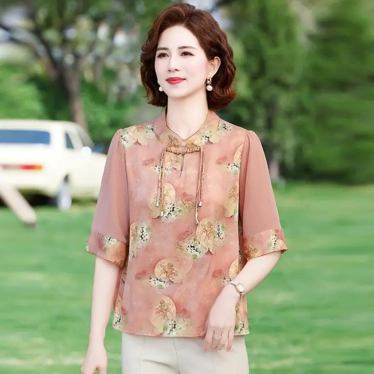 

Mother's New Fashionable Print Mid-Sleeve Loose Large Size Top for Elderly Elegant National Style