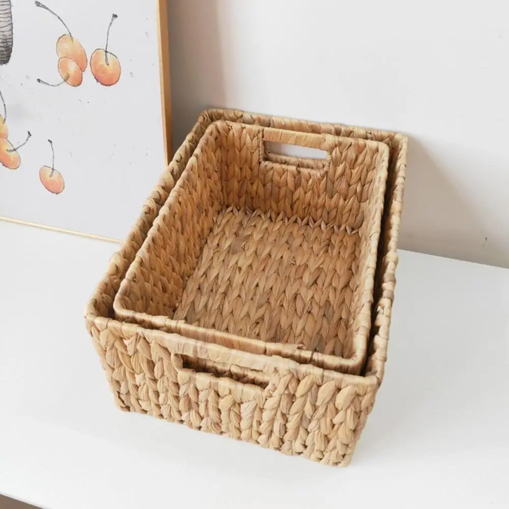 Cestas de almacenamiento tejidas a mano con asas, caja de soporte de almacenamiento, cesta de mimbre de jacinto de agua apilable de gran capacidad, 1/2 Uds.