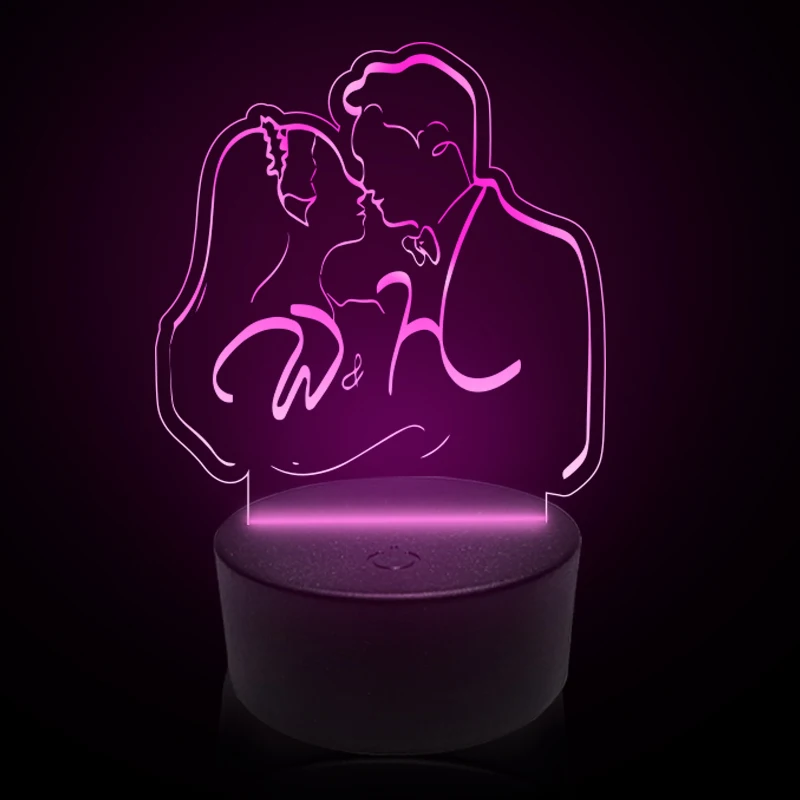 3D Visual LED Night Light, Base preta, Lâmpada de cabeceira, Acrílico Room Decor, Desk Lamps, Decoração para casa, Casamento