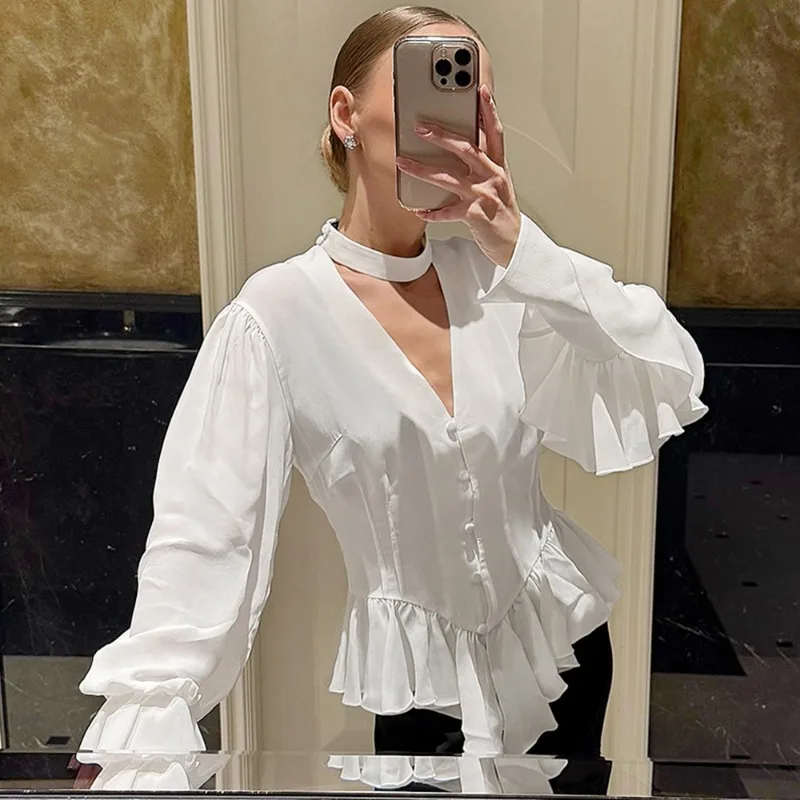 

Talenza White Ruffled Blouse Women's Fashion Elegant Ribbon Patchwork New Spring Blouse Chic Casual Commuter Luxury Female Shirt
