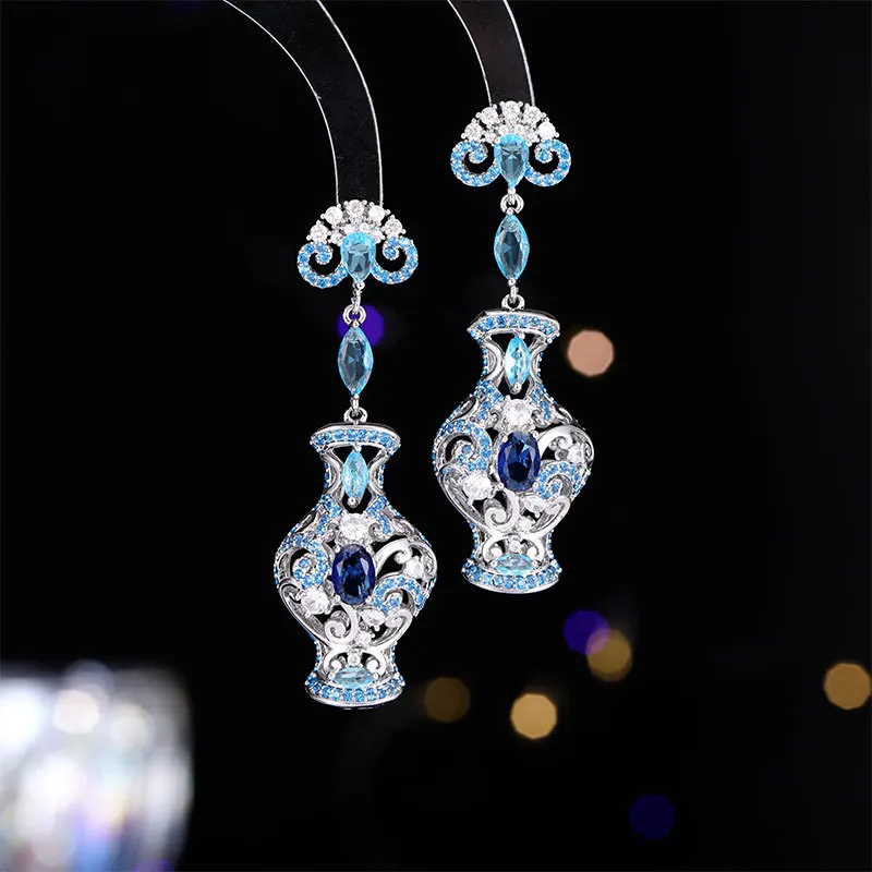 

Quality Blue Retro 3D Vase with Zircon Inlaid Long Women's Earrings Jewelry Gift