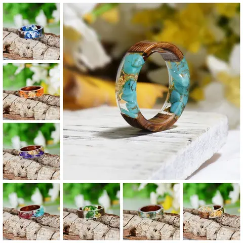 Handmade Wood Resin Dried Flowers Ring souleather