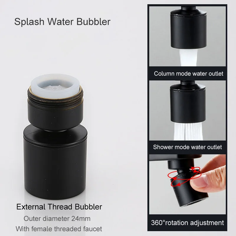 New Style Black Kitchen Faucet Aerator 360 Degree Dual Mode 2 Stream Splash-proof Pressurized Kitchen Faucet Aerator  Bubbler