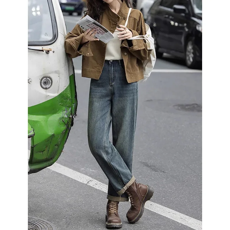 

2025 весенне-осенний женский новый одинаковый комплект, женская винтажная куртка, джинсовые брюки, костюмы из двух предметов, короткие тонкие пальто, джинсы, брюки, наряд
