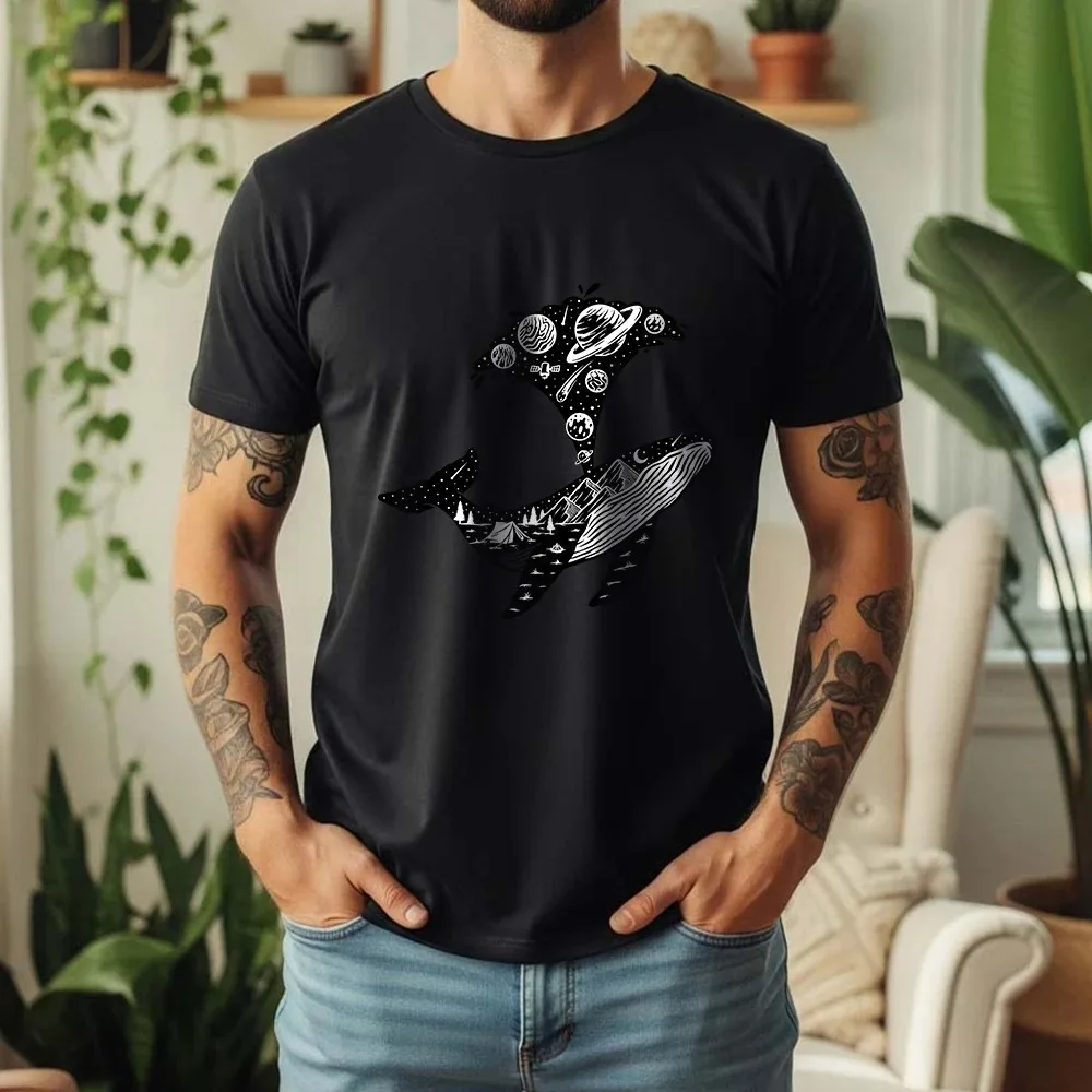 Summer Cotton Interstellar Whale Graphic Oversized Tee Fantasy Art Dark Cool Themed Short Sleeve