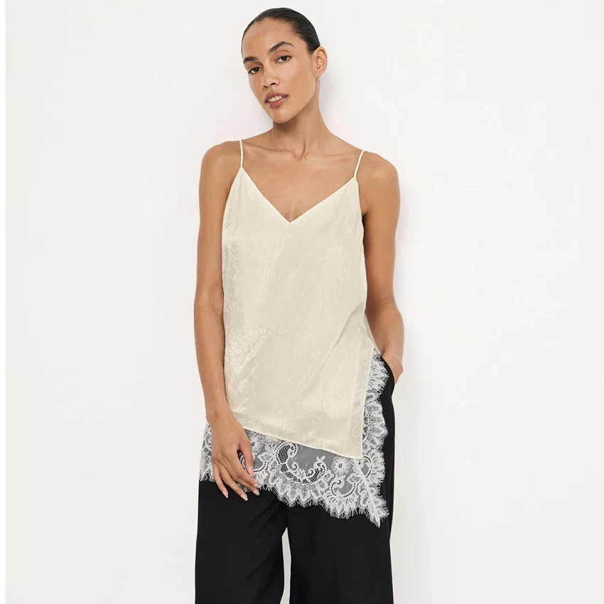 

Literary Satin Sleeveless Tops Women Summer High End Spaghetti Strap Camisole Elegant Lace Camisole Silk Vest