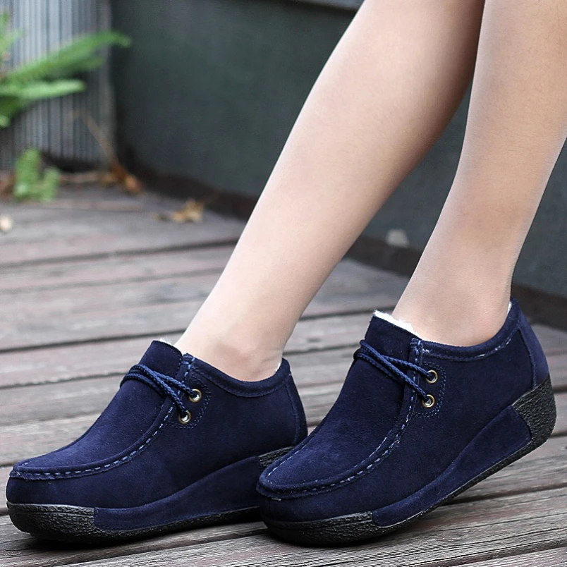 

2025 зимняя женская обувь на платформе из натуральной кожи, теплые плюшевые туфли на танкетке, женская удобная повседневная женская обувь на шнуровке