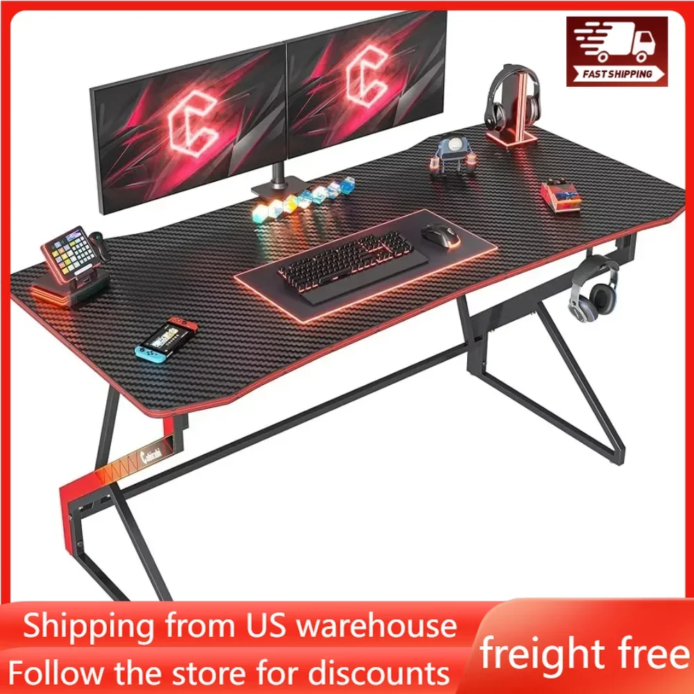 

Simple Gaming Desk Z Shaped 55 Inch Gamer Workstation Home Computer Carbon Fiber Surface Gaming Desk with Headphone Hook