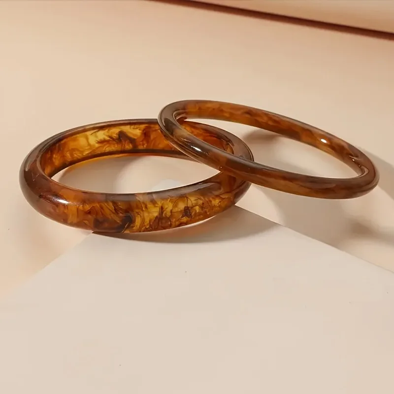 2pcs Retro Brown Resin Bangles Acrylic Marble Bracelet For Women Fashion Party Jewelry Gifts