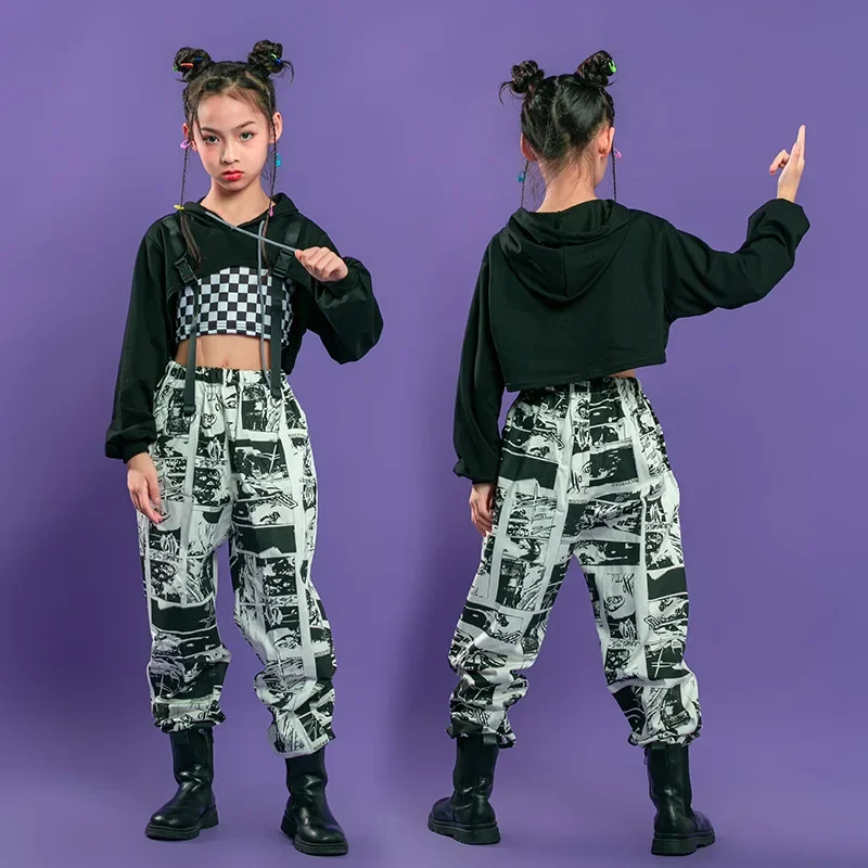 Kid Hip Hop abbigliamento felpa con cappuccio nera felpa Crop Top camicia a maniche lunghe Streetwear stampa pantaloni Jogger per ragazze Costume da ballo