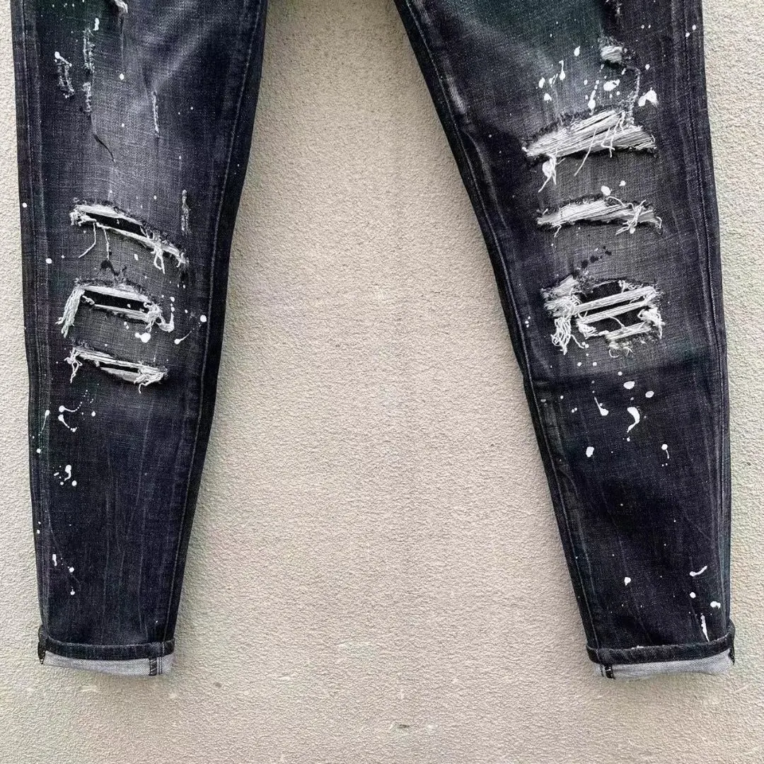 100 chareiharper c051 Men\'s skinny Skinny jeans Ripped Fabric Non-stretch Paint Splash vintage jeans