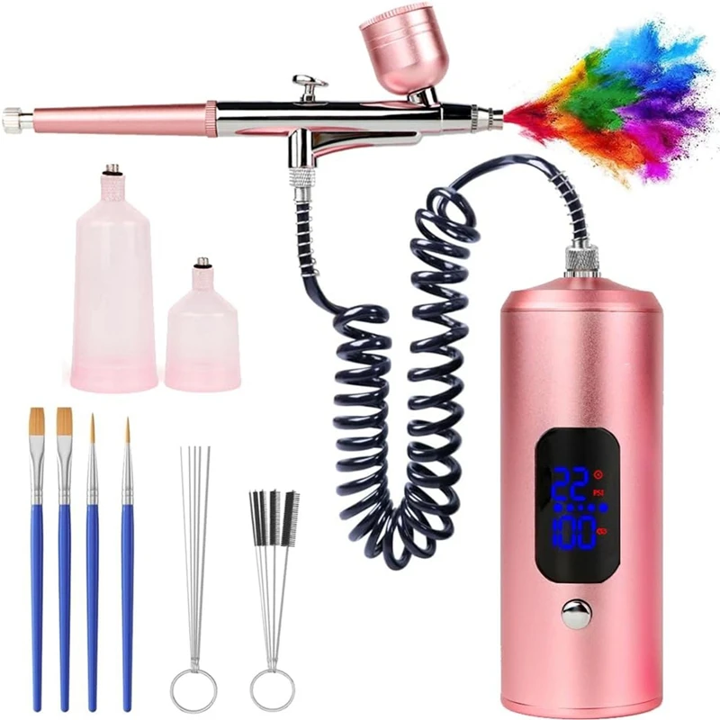 

BEDW-LCD Air Brush Kit With Air Compressor, 3 Gear Pressure Cordless Airbrush Machine With Hose For Cosmetics, Painting Art
