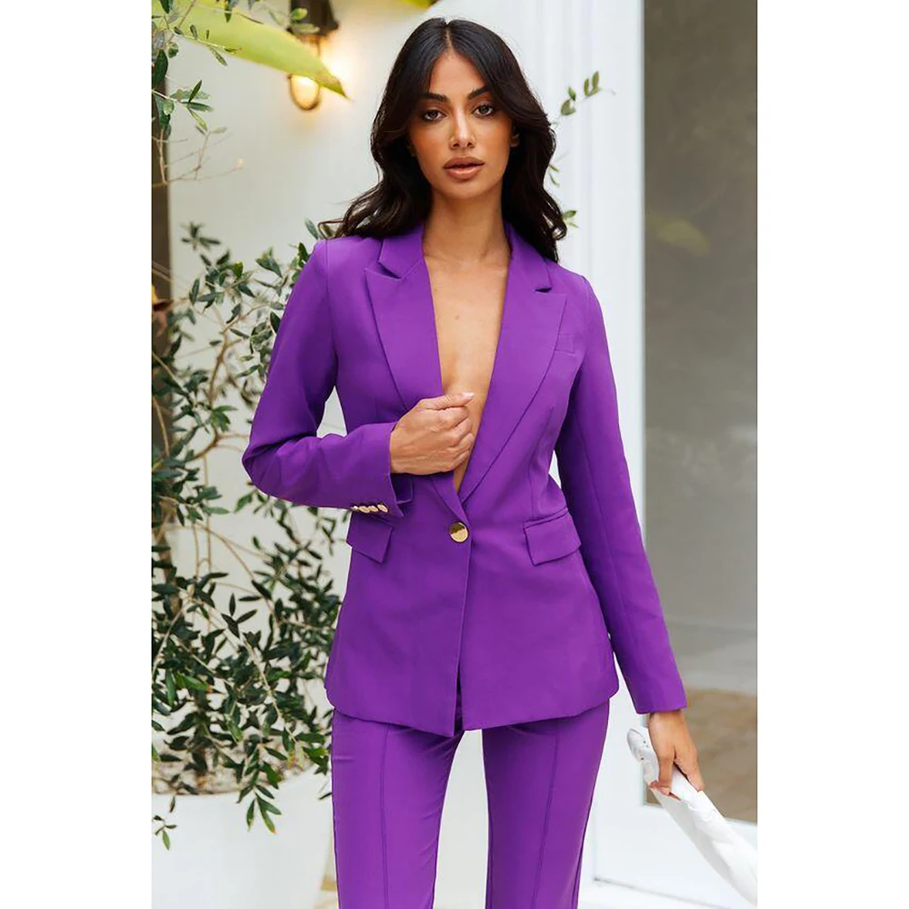 

Elegant Chic Purple Single Button Women Pants Set High-end Female Two Pieces(Jacket+Trousers)أطقم بناطيل