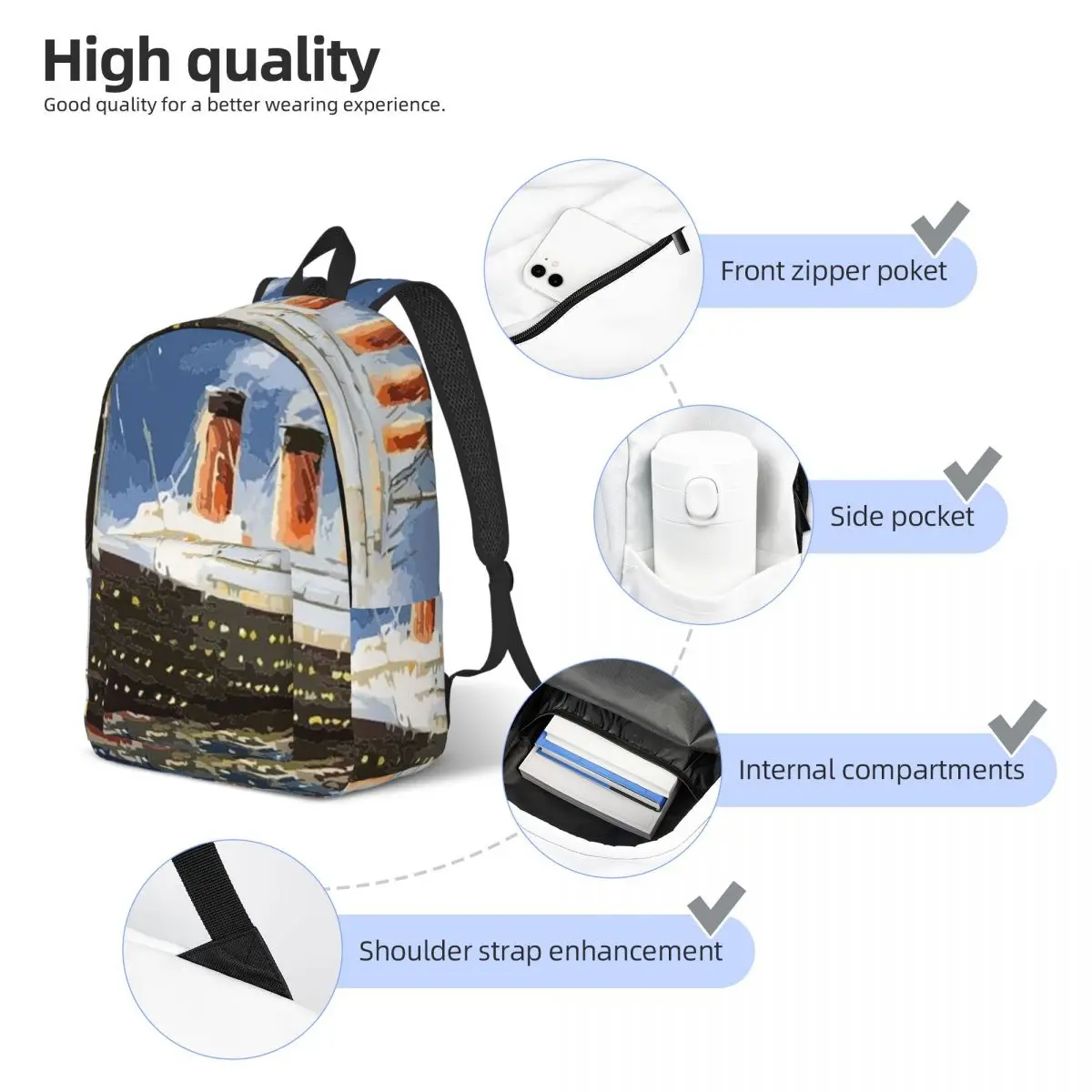 The Most Popular Ship Of All Times, Titanic. Student Backpack School Bag Hiking Travel Daypack Bookbag Shoulder Bags