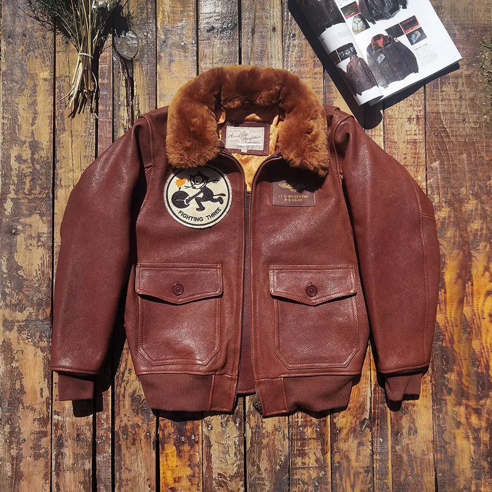 Red Winter Men's Wine G1 Jacket Military Style Plus Size 3XL Real Thick Sheepskin Aviation The Felix Cat Genuine Leather Coats